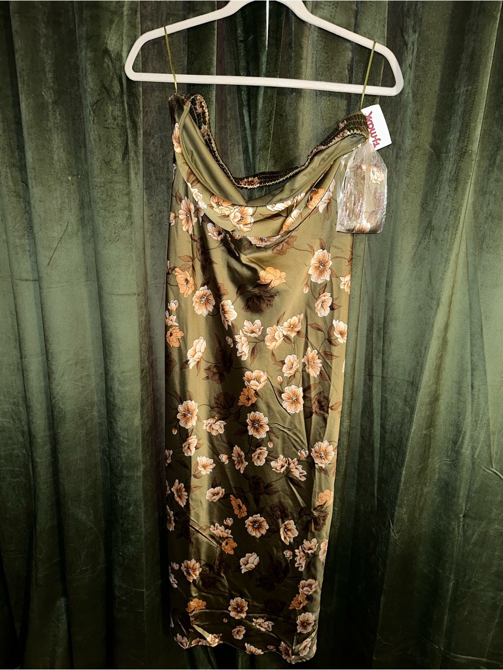 T.J.Maxx Olive Green Floral Slip Dress with Yellow-Orange Blooms